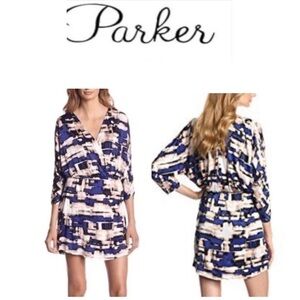Parker Blouson Catalina Dress Stretch Drape Faux Wrap Watercolor Dolman Sleeve S